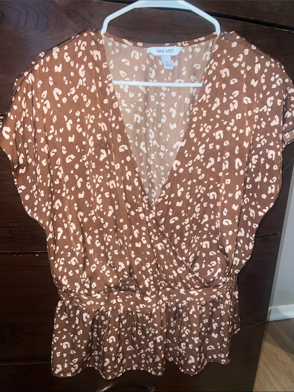 Nine West Brown and Cream Surplice Peplum Blouse